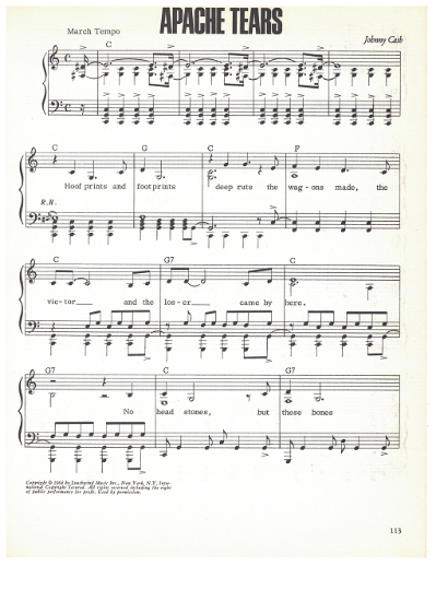 Picture of Apache Tears, written & recorded by Johnny Cash, sheet music