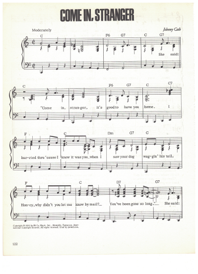 Picture of Come In Stranger, written &  recorded by Johnny Cash, sheet music