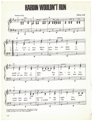 Picture of Hardin Wouldn't Run, written & recorded by Johnny Cash, sheet music