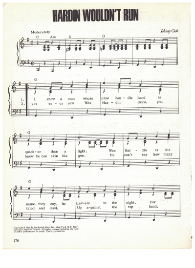 Picture of Hardin Wouldn't Run, written & recorded by Johnny Cash, sheet music