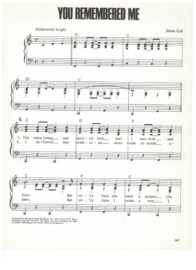 Picture of You Remembered Me, written & recorded by Johnny Cash, sheet music
