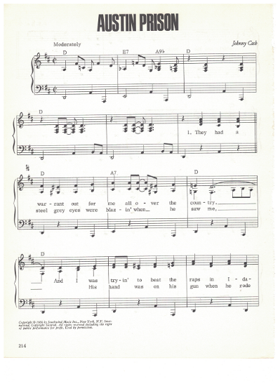 Picture of Austin Prison, written & recorded by Johnny Cash, sheet music