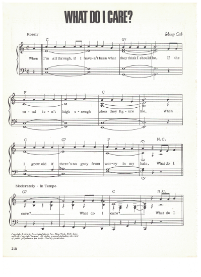 Picture of What Do I Care, written & recorded by Johnny Cash, sheet music