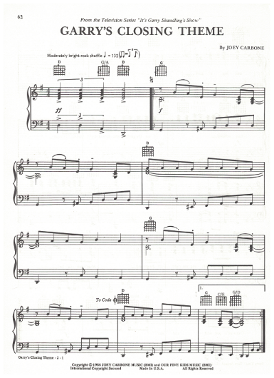 Picture of Garry's Closing Theme, from "It's Garry Shandling's Show", Joey Carbone, piano solo, sheet music
