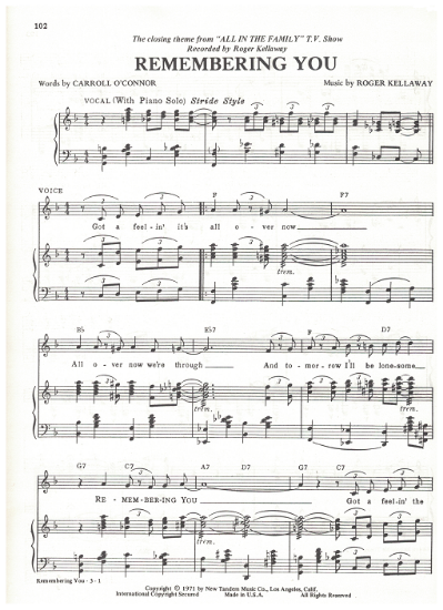 Picture of Remembering You, closing theme from "All in the Family", Roger Kellaway, sheet music