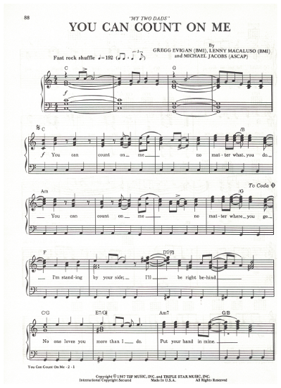 Picture of You Can Count on Me, from "My Two Dads", Gregg Evigan/ Lenny Macaluso/ Michael Jacobs, sheet music