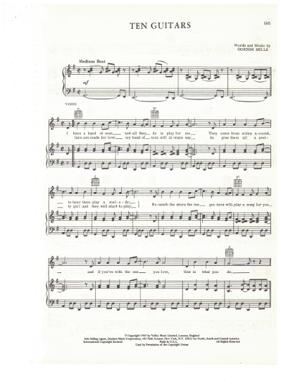 Picture of Ten Guitars, Gordon Mills, recorded by Engelbert Humperdinck, sheet music