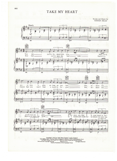Picture of Take My Heart, Gordon Mills, recorded by Engelbert Humperdinck, sheet music