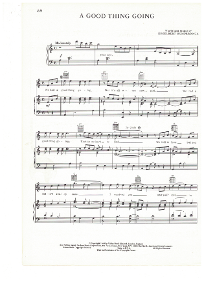 Picture of A Good Thing Going, written & recorded by Engelbert Humperdinck, sheet music