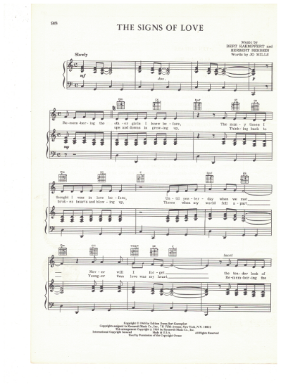 Picture of Signs of Love (The), Bert Kaempfert & Herbert Rehbein, recorded by Engelbert Humperdinck, sheet music