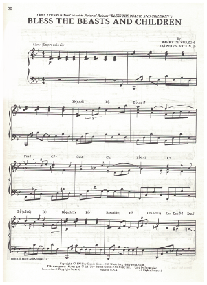 Picture of Bless the Beasts and Children, movie title song, Barry De Vorzon & Perry Botkin, piano solo, sheet music