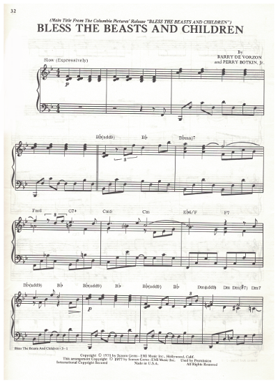 Picture of Bless the Beasts and Children, movie title song, Barry De Vorzon & Perry Botkin, piano solo, sheet music