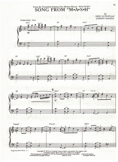 Picture of Song from "Mash", Aike Altman & Johnny Mandel, piano solo, sheet music