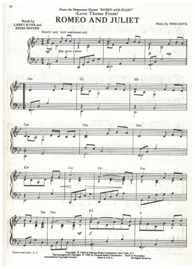 Picture of (Love Theme From) Romeo and Juliet, Nino Rota, piano solo, sheet music 