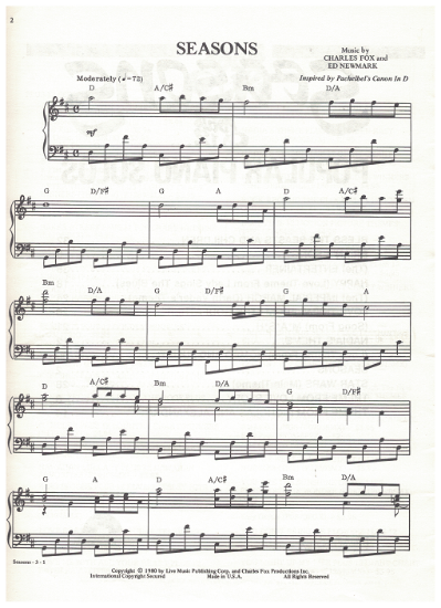Picture of Seasons, movie title song, Johann Pachelbel, arr. Charles Fox & Ed Newmark, piano solo, sheet music