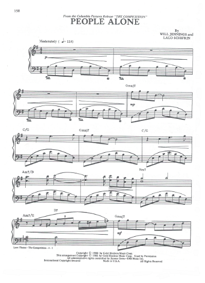 Picture of People Alone from movie "The Competition", Will Jennings & Lalo Schifrin, piano solo, sheet music