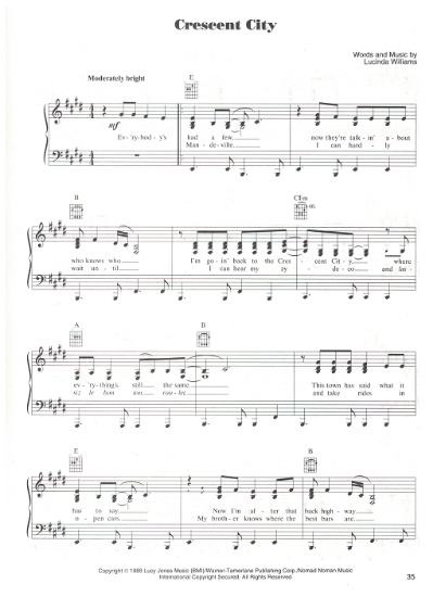 Picture of Crescent City, written & recorded by Lucinda Williams, sheet music