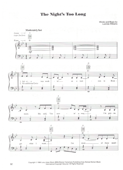 Picture of The Night's Too Long, Lucinda Williams, recorded by Patty Loveless, sheet music