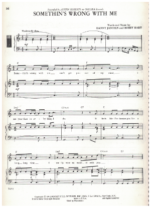 Picture of Somethin's Wrong With Me, Danny Janssen & Bobby Hart, recorded by Austin Roberts, sheet music
