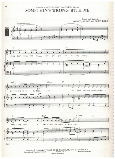 Picture of Somethin's Wrong With Me, Danny Janssen & Bobby Hart, recorded by Austin Roberts, sheet music