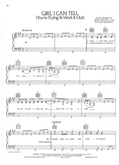 Picture of Girl I Can Tell (You're Trying to Work It Out), Fred Carter Jr. & Waylon Jennings, sheet music