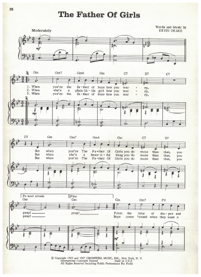 Picture of The Father of Girls, Ervin Drake, recorded by Anthony Newley, sheet music