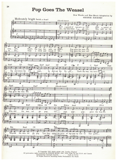 Picture of Pop Goes the Weasel, arr. George Hackney, recorded by Anthony Newley, sheet music