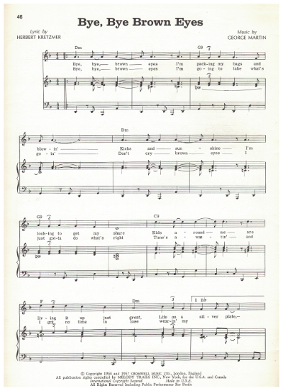 Picture of Bye Bye Brown Eyes, Herbert Kretzmer & George Martin, recorded by Anthony Newley, sheet music