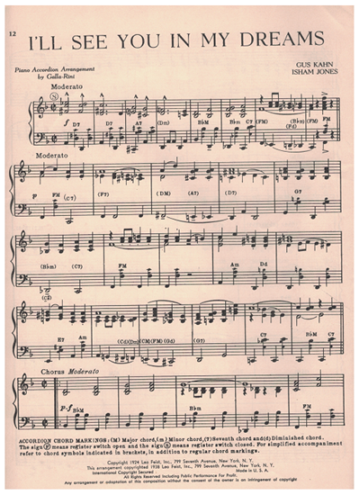 Picture of I'll See You in My Dreams, Gus Kahn & Isham Jones, arr. Galla-Rini for accordion solo