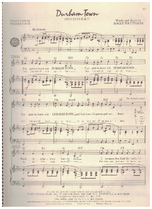 Picture of Durham Town (Mon Pays Bleu), written & recorded by Roger Whittaker, sheet music