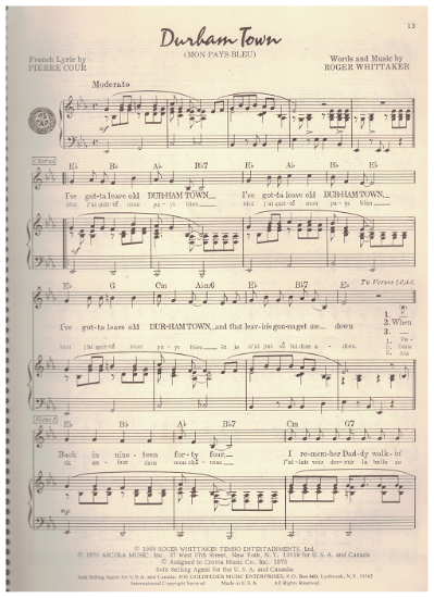 Picture of Durham Town (Mon Pays Bleu), written & recorded by Roger Whittaker, sheet music