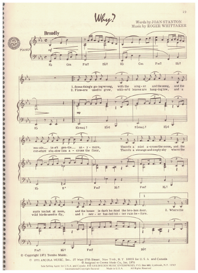 Picture of Why, Roger Whittaker & Joan Stanton, recorded by Roger Whittaker, sheet music