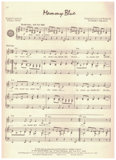 Picture of Mammy Blue, Phil Trim & Hubert Girand, recorded by Roger Whittaker, sheet music