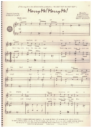 Picture of Marry Me! Marry Me!, movie title song, Robert Colby/ Emil Stern/ Eddy Marnay, recorded by Roger Whittaker, sheet music