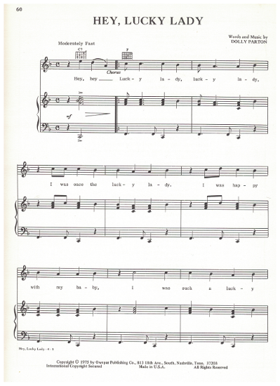 Picture of Hey Lucky Lady, written & recorded by Dolly Parton, sheet music