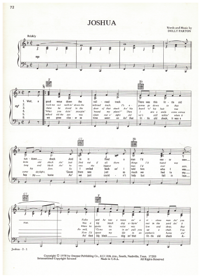 Picture of Joshua, written & recorded by Dolly Parton, sheet music