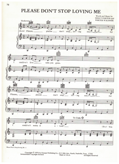 Picture of Please Don't Stop Loving Me, written & recorded by Dolly Parton & Porter Wagoner, sheet music