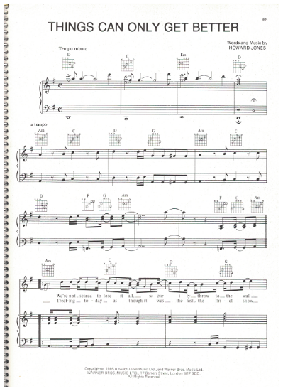 Picture of Things Can Only Get Better, written & recorded by Howard Jones, sheet music