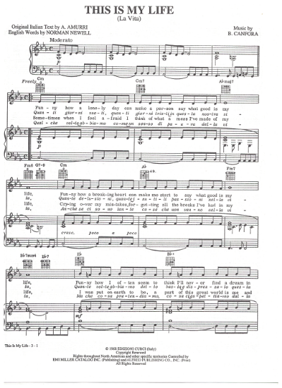 Picture of La Vita (This is My Life), Antonio Amurri & Bruno Canfora, recorded by Shirley Bassey, sheet music
