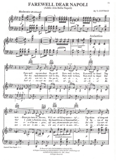 Picture of Addio alla bella Napoli (Farewell Dear Napoli), Teodoro Cottrau, sheet music