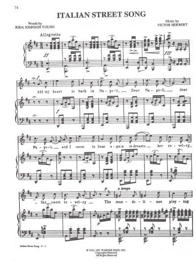 Picture of Italian Street Song, from "Naughty Marietta", Victor Herbert, sheet music