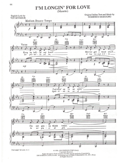 Picture of Musetto (I'm Longin' for Love), written & recorded by Domenico Modungo, sheet music 