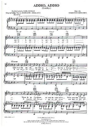 Picture of Addio Addio (Goodbye), Franco Migliacci & Domenico Modungo, sung by Domenico Modingo, sheet music
