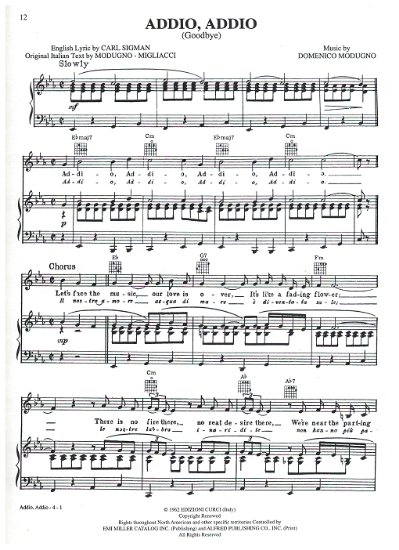 Picture of Addio Addio (Goodbye), Franco Migliacci & Domenico Modungo, sung by Domenico Modingo, sheet music