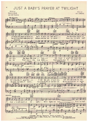 Picture of Just a Baby's Prayer at Twilight, Sam M. Lewis/ Joe Young/ M. K. Jerome, recorded by Sunny Skylar, sheet music