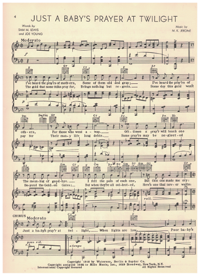 Picture of Just a Baby's Prayer at Twilight, Sam M. Lewis/ Joe Young/ M. K. Jerome, recorded by Sunny Skylar, sheet music