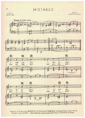 Picture of Mistakes, Edgar Leslie & Horatio Nicholls, recorded by Sunny Skylar, sheet music