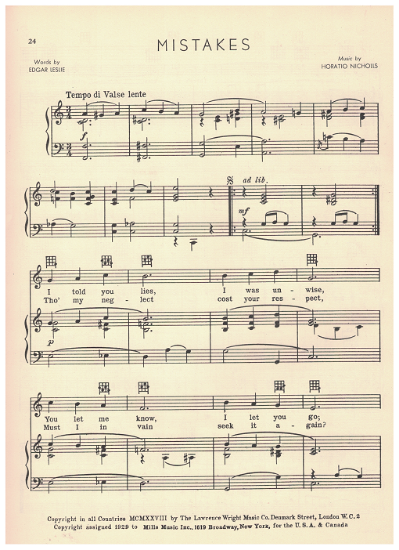 Picture of Mistakes, Edgar Leslie & Horatio Nicholls, recorded by Sunny Skylar, sheet music