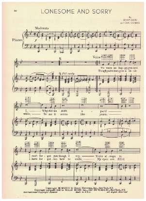 Picture of Lonesome and Sorry, Benny Davis & Con Conrad, recorded by Sunny Skylar, sheet music