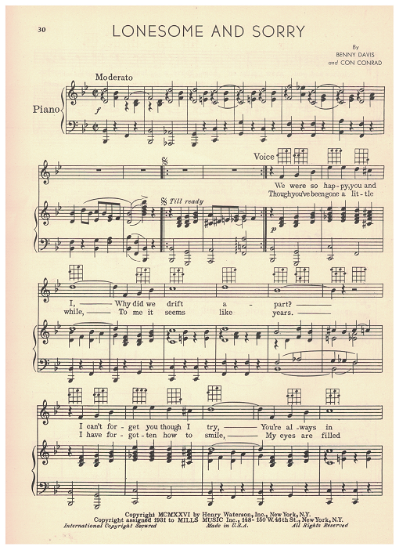 Picture of Lonesome and Sorry, Benny Davis & Con Conrad, recorded by Sunny Skylar, sheet music